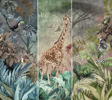A312-colors-Griffa-lemurs-and-kill-billed-toucan-in-tropical-forest-poster-mural-wallpaper-tropikal-ormandaki-zurafa-lemurlar-toucan-kusu-poster-duvar-kagidi
