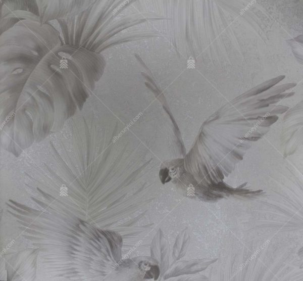 9905-1 Beyaz Tropikal Kuş ve Çiçek Desenli Duvar Kağıdı