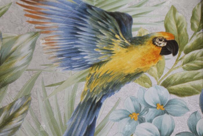 9905-3 Gri, Mavi ve Yeşil Tropikal Kuş ve Çiçek Desenli Duvar Kağıdı Detay