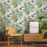 9905-3 Gri, Mavi ve Yeşil Tropikal Kuş ve Çiçek Desenli Duvar Kağıdı Uygulama