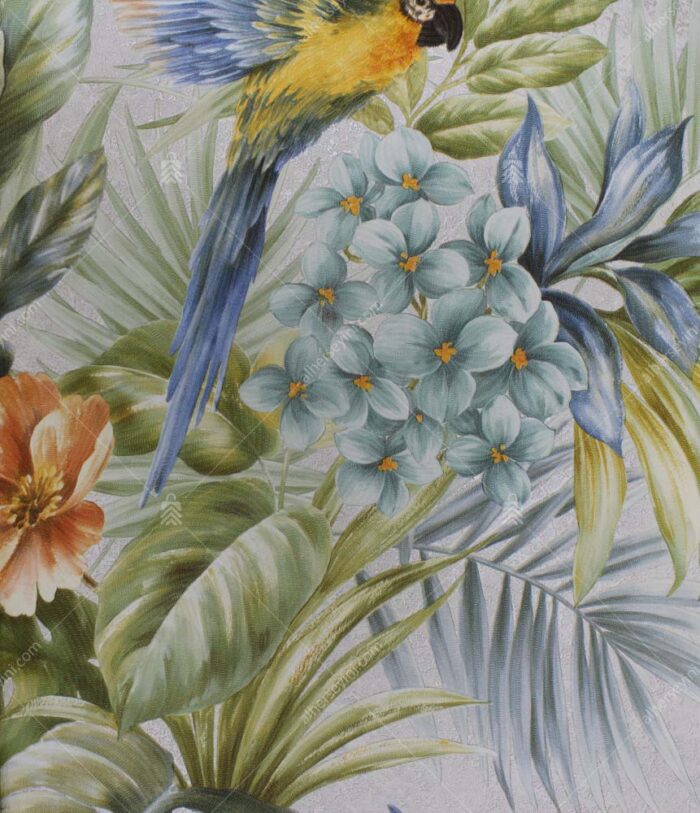 9905-3 Gri, Mavi ve Yeşil Tropikal Kuş ve Çiçek Desenli Duvar Kağıdı