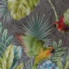 9905-4 Gri, Kırmızı ve Yeşil Tropikal Kuş ve Çiçek Desenli Duvar Kağıdı
