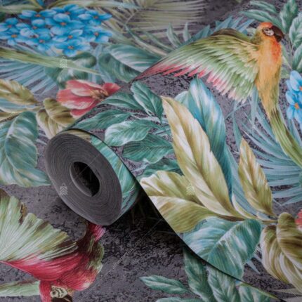 9905-4 Gri, Kırmızı ve Yeşil Tropikal Kuş ve Çiçek Desenli Duvar Kağıdı Rulo