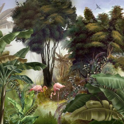 A307-1 Amazon Tropikal Ormandaki Flamingolar Poster Duvar Kağıdı