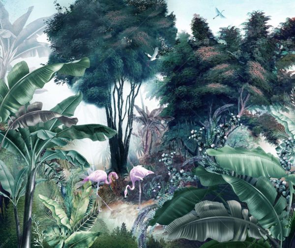 A307-2 Amazon Tropikal Ormandaki Flamingolar Poster Duvar Kağıdı