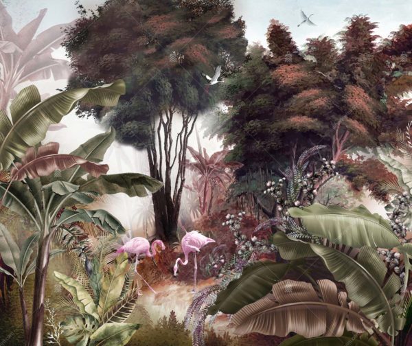 A307-3 Amazon Tropikal Ormandaki Flamingolar Poster Duvar Kağıdı