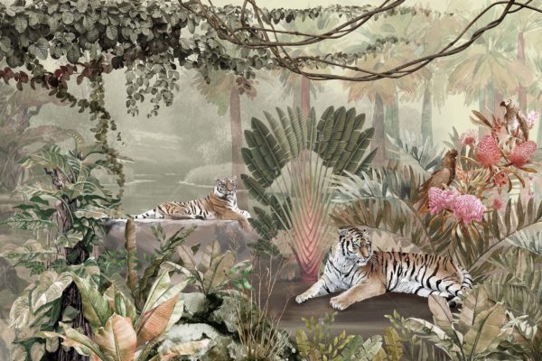 A311-1 Amazon Tropikal Ormandaki Kaplan ve Papağanlar Poster Duvar Kağıdı