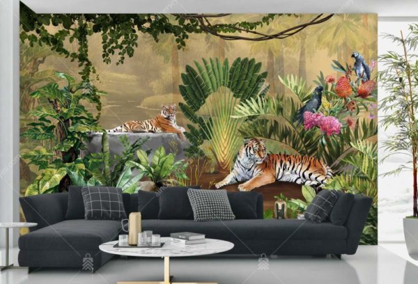 A311-2 Amazon Tropikal Ormandaki Kaplan ve Papağanlar Poster Duvar Kağıdı Uygulama