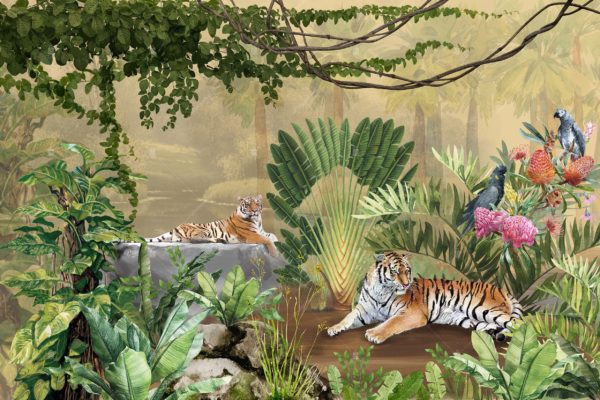 A311-2 Amazon Tropikal Ormandaki Kaplan ve Papağanlar Poster Duvar Kağıdı