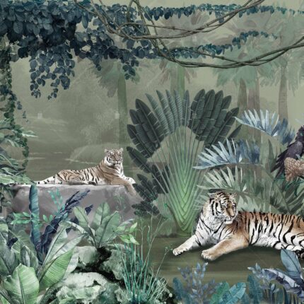 A311-3 Amazon Tropikal Ormandaki Kaplan ve Papağanlar Poster Duvar Kağıdı