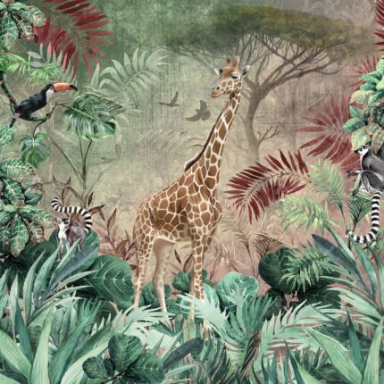 A312-2 Amazon Tropikal Ormandaki Zurafa ve Lemurlar Tukan Kuşu Duvar Posteri