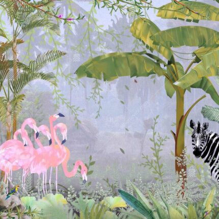 A313-1 Amazon Tropikal Ormandaki Flamingolar ve Zebra Duvar Posteri