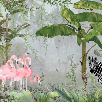 A313-2 Amazon Tropikal Ormandaki Flamingolar ve Zebra Duvar Posteri