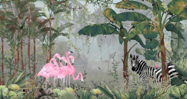 A313-3 Amazon Tropikal Ormandaki Flamingolar ve Zebra Duvar Posteri
