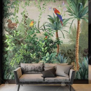 A315-2 Amazon Tropikal Ağaçlardaki Sincap ve Papağanlar Duvar Posteri Uygulama