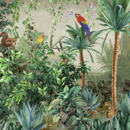 A315-2 Amazon Tropikal Ağaçlardaki Sincap ve Papağanlar Duvar Posteri