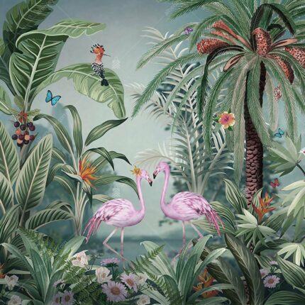 A319-1 Amazon Tropikal Ormandaki Flamingolar Poster Duvar Kağıdı