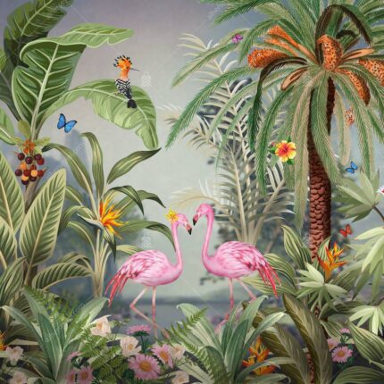 A319-3 Amazon Tropikal Ormandaki Flamingolar Poster Duvar Kağıdı