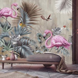 GRP3005 Girift Tropik Çiçeklerin Arasındaki Flamingolar Duvar Posteri Uygulama
