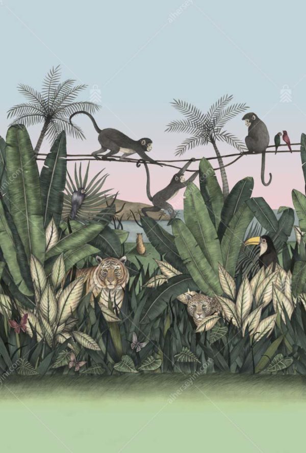 GRP3011 Girift Tukan Kaplan Leopar ve Maymunlar Tropikal Duvar Posteri