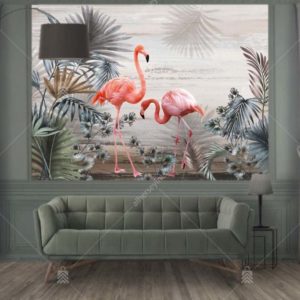 GRP3021 Girift Tropik Çiçekler ve Flamingolar Duvar Posteri Uygulama