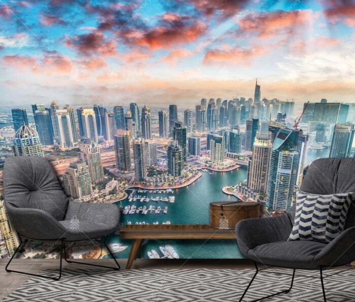 M880 Moneta Dubai Şehri Marina Binaların Havadan Manzarası Duvar Posteri Uygulama