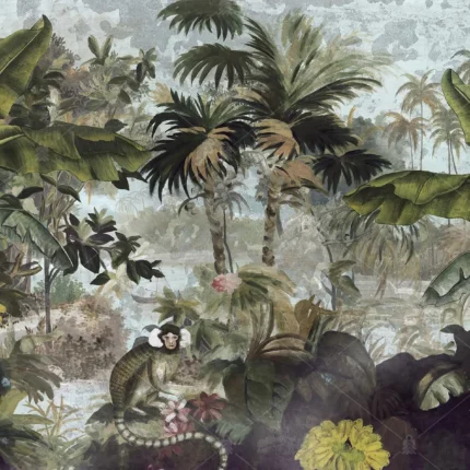 GRP020034 Tropikal Ağaçlı ve Maymunlu Poster Duvar Kağıdı