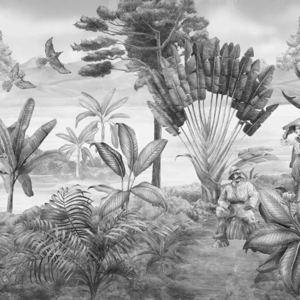 GRP060189 Tropikal Ormandaki Kaşifler Çizim Tarzı Panoramik Poster Duvar Kağıdı