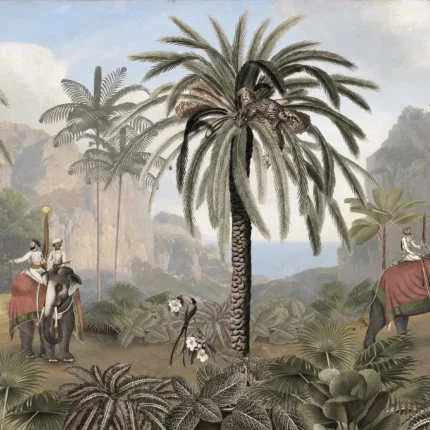GRP060193 Tropikal Ormandaki Geçen Mughol Filler ve İnsanlar Panoramik Poster Duvar Kağıdı