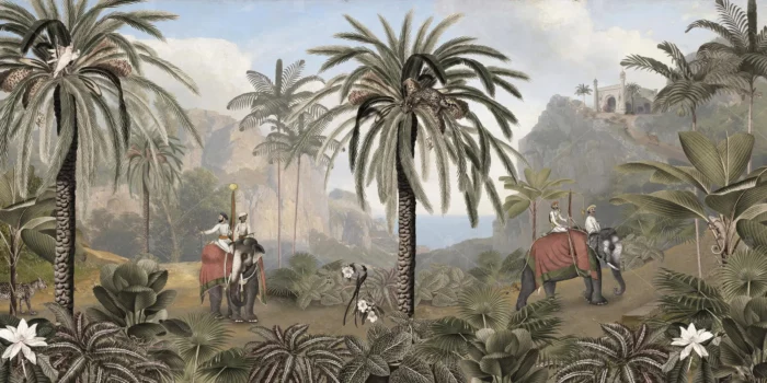 GRP060193 Tropikal Ormandaki Geçen Mughol Filler ve İnsanlar Panoramik Poster Duvar Kağıdı