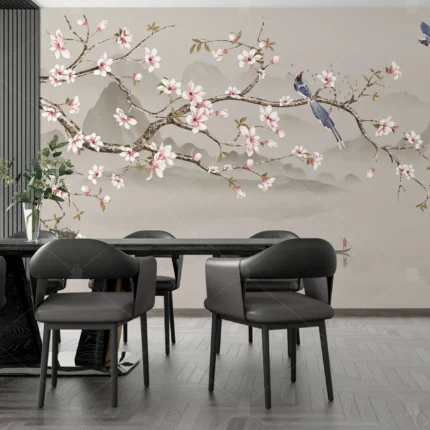 GRP260153 Çin Stili Kuşlar ve Çiçek Açan Ağaçlar Poster Duvar Kağıdı