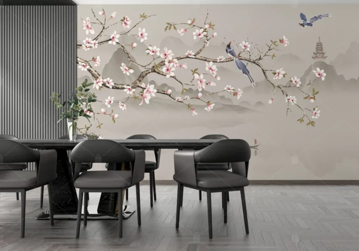 GRP260153 Çin Stili Kuşlar ve Çiçek Açan Ağaçlar Poster Duvar Kağıdı