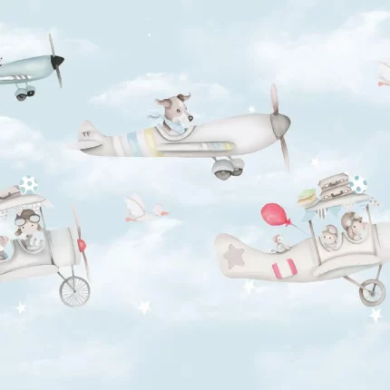 GRP480007 Uçak Süren Hayvanlar Çocuk Odası Poster Duvar Kağıdı