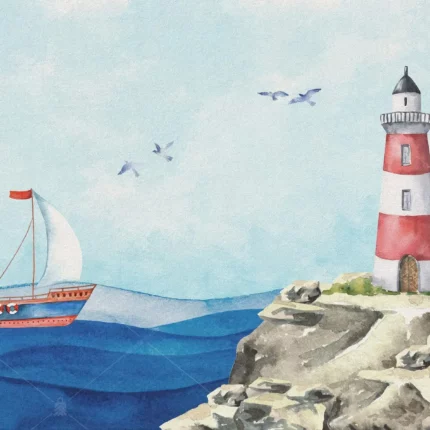 GRP490021 Deniz Feneri ve Gemili Çocuk Poster Duvar Kağıdı