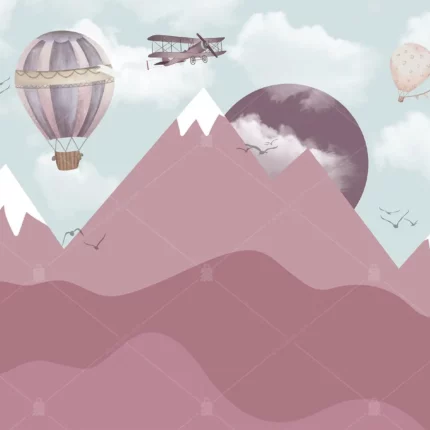 GRP500015 Pembe Dağlar Balonlar ve Uçaklar Poster Duvar Kağıdı