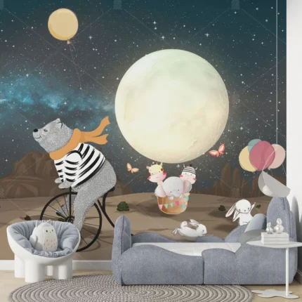 GRP510017 Ayın Işığında Oynayan Hayvanlar Çocuk Odası Poster Duvar Kağıdı