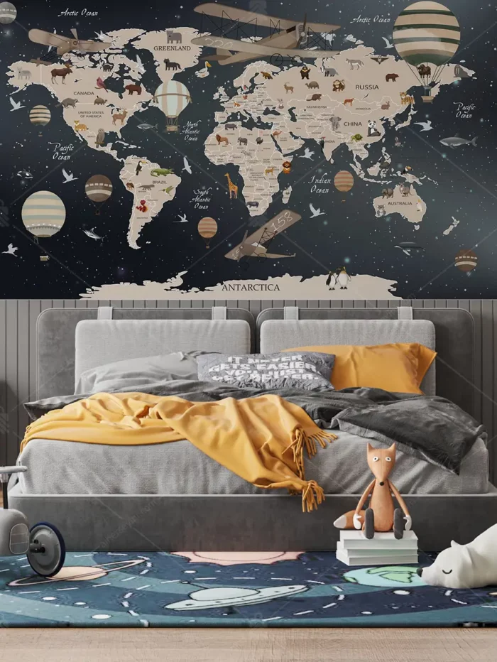 GRP520028 Koyu Zeminde Çocuk Odası Dünya Haritası Poster Duvar Kağıdı