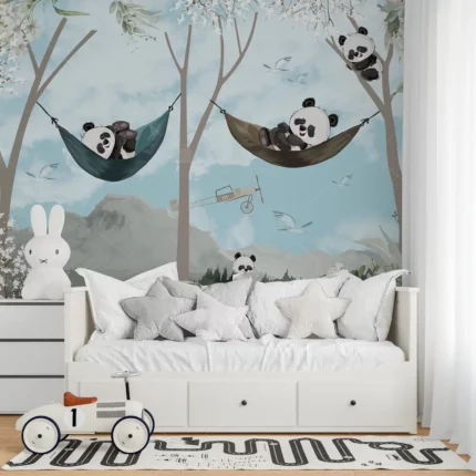 GRP540063 Ağaçta Uyuyan Pandalar Çocuk Odası Poster Duvar Kağıdı