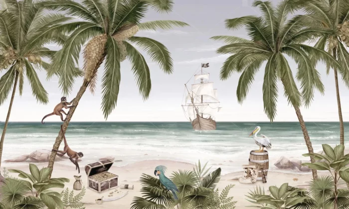 GRP550017 Tropik Adadaki Maymunlar ve Kuşlar Poster Duvar Kağıdı