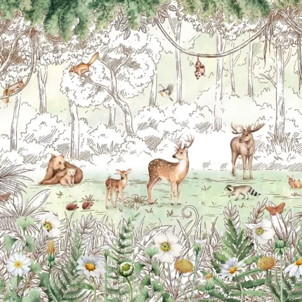 GRP550018 Çizim Tarzı Ormandaki Hayvanlar Poster Duvar Kağıdı