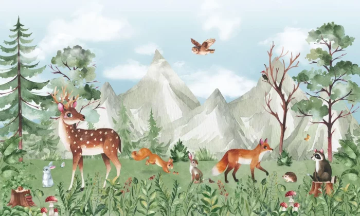 GRP550036 Ormandaki Şaşkın Hayvanlar Çocuk Poster Duvar Kağıdı