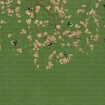 Yeşil Zeminde Kuş ve Çiçekler Duvar Kağıdı SE316-1
